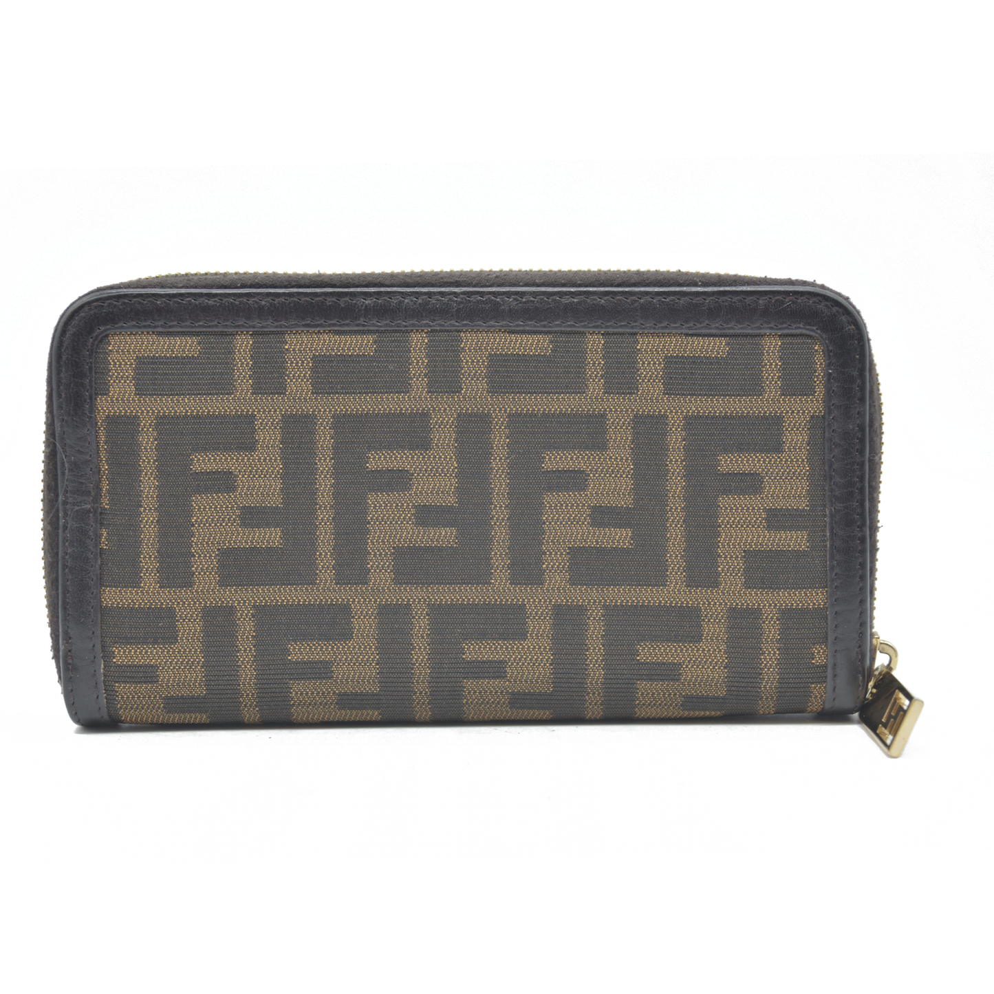 $790 Fendi Tobacco Zucca Canvas and Leather FF Zip Around Wallet CONSIGNMENT