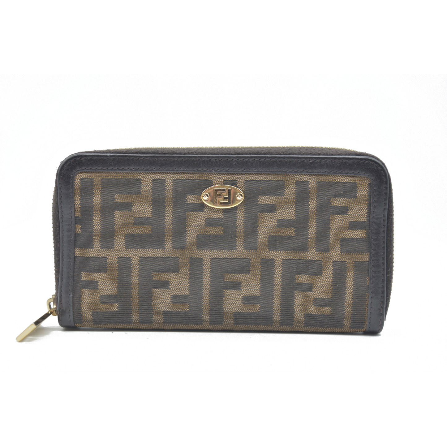 $790 Fendi Tobacco Zucca Canvas and Leather FF Zip Around Wallet CONSIGNMENT