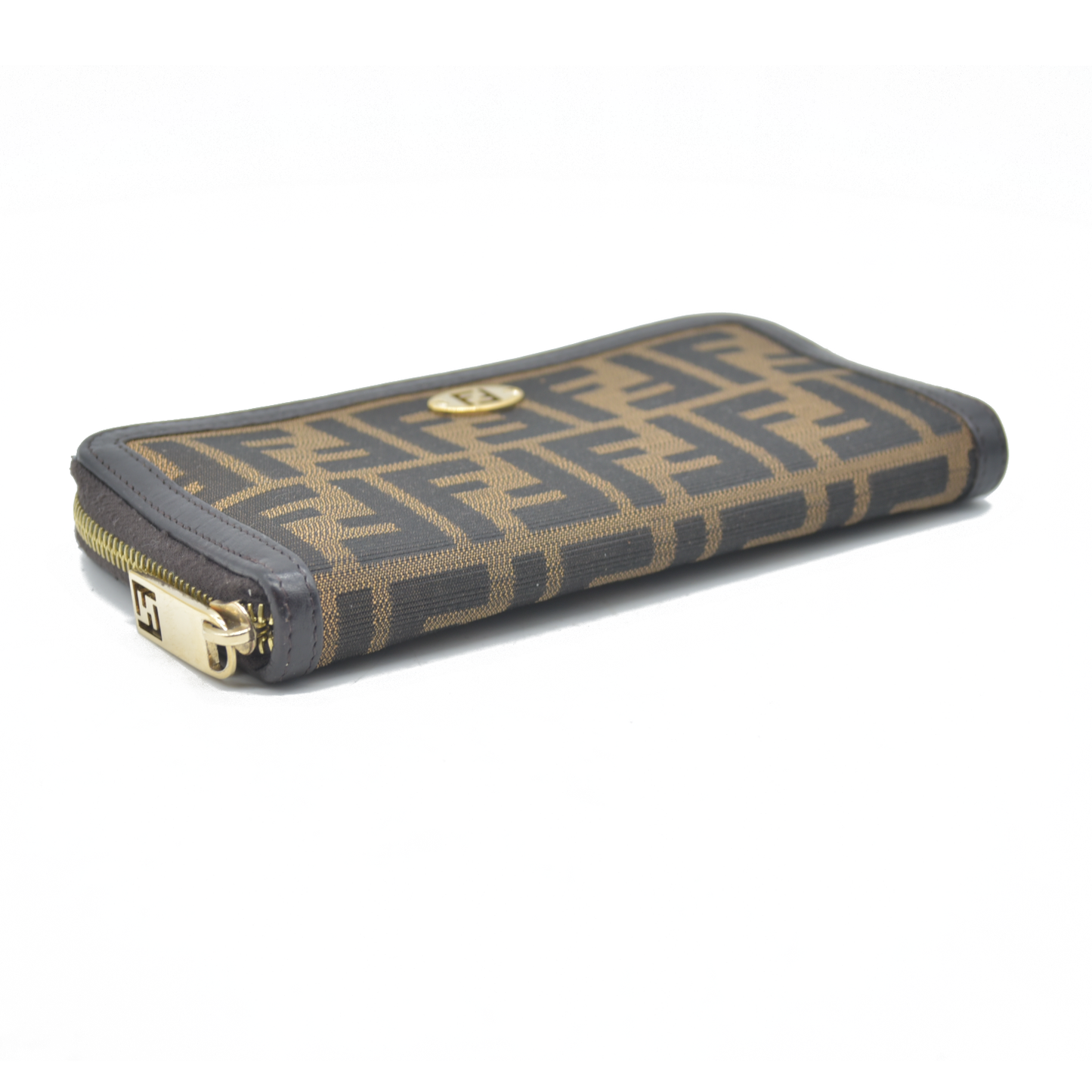 $790 Fendi Tobacco Zucca Canvas and Leather FF Zip Around Wallet CONSIGNMENT