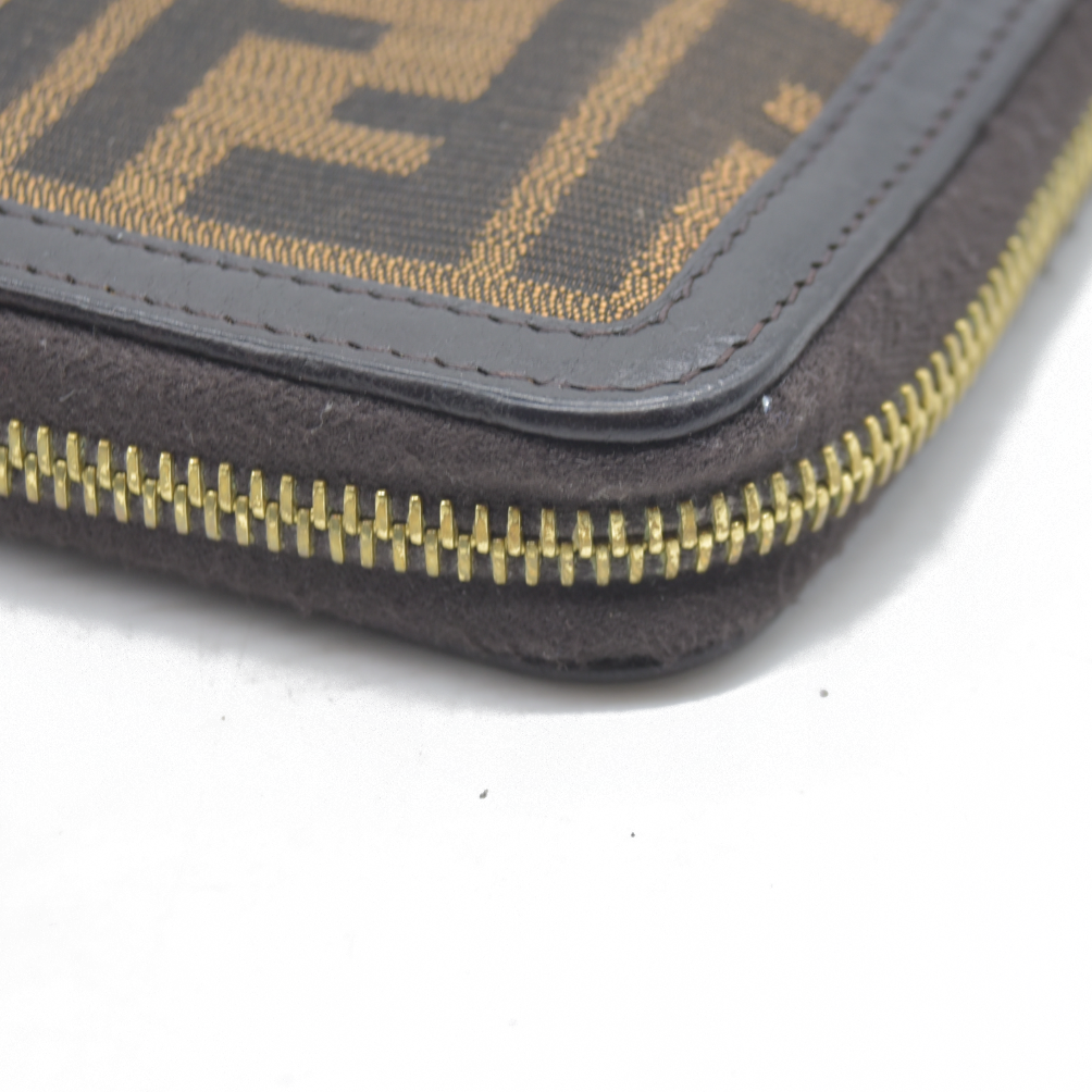 $790 Fendi Tobacco Zucca Canvas and Leather FF Zip Around Wallet CONSIGNMENT