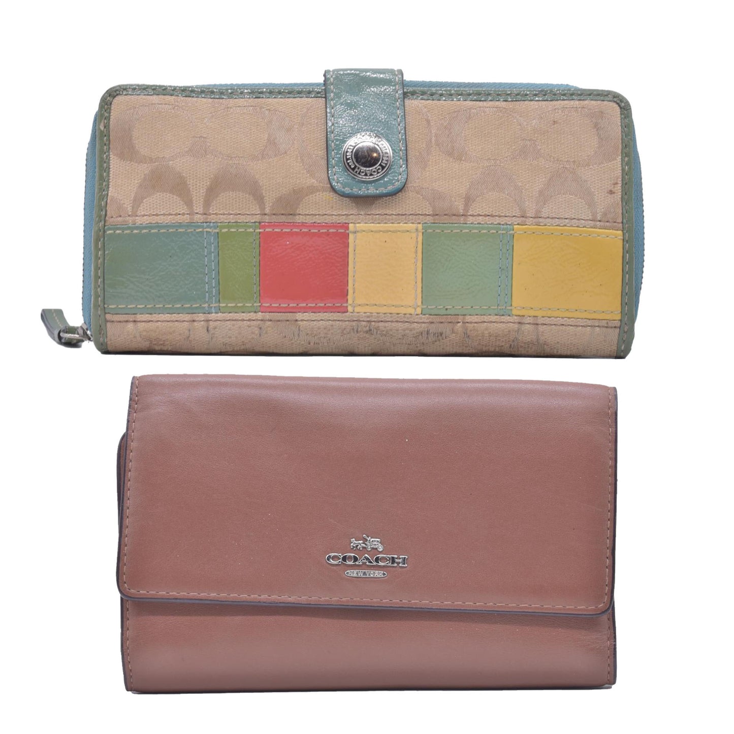 $150 $228 Bundle Coach Wallets Saffiano Leather Trifold & Signature Jacquard Patchwork Zip CONSIGNMENT