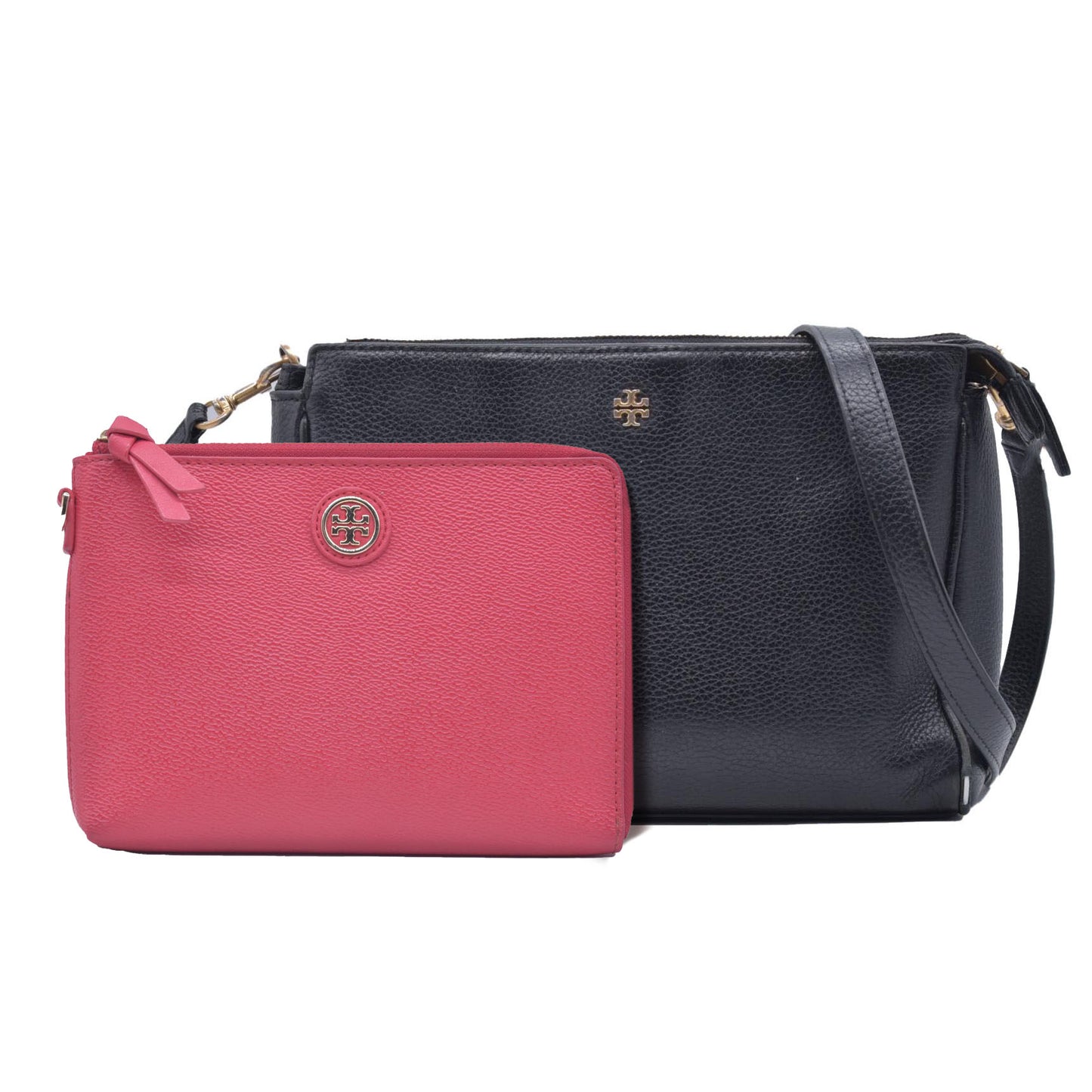 $200 $250 Bundle Tory Burch Leather Essentials Pink Saffiano Zip Pouch & Black Pebbled Zip Crossbody CONSIGNMENT
