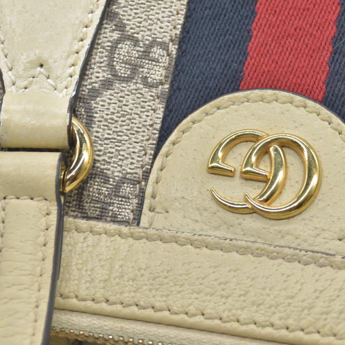 Gucci GG Supreme Monogram Textured Dollar Calfskin Web Small Ophidia Tote Bag Beige Ebony Mystic White