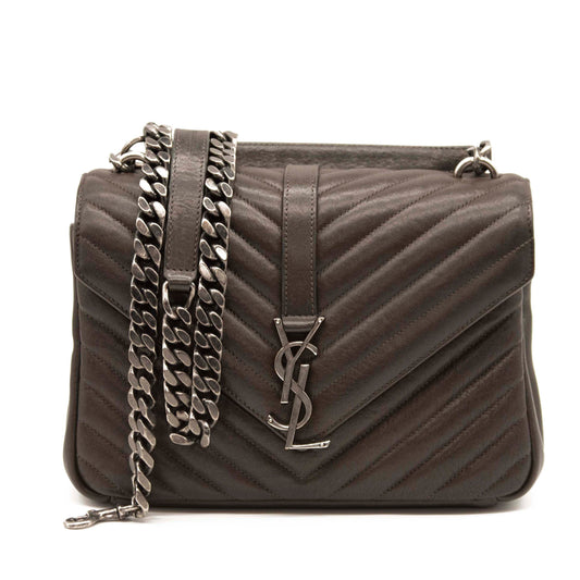 USED Saint Laurent Sheepskin Matelasse Chevron Monogram Medium College Bag Grey