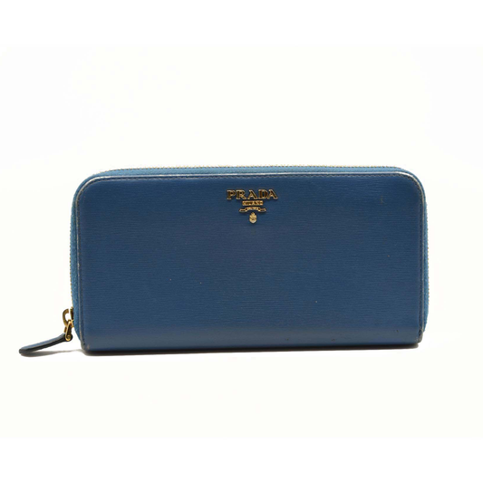 PRADA Saffiano Metal Continental Zippy Zip Around Wallet Blue