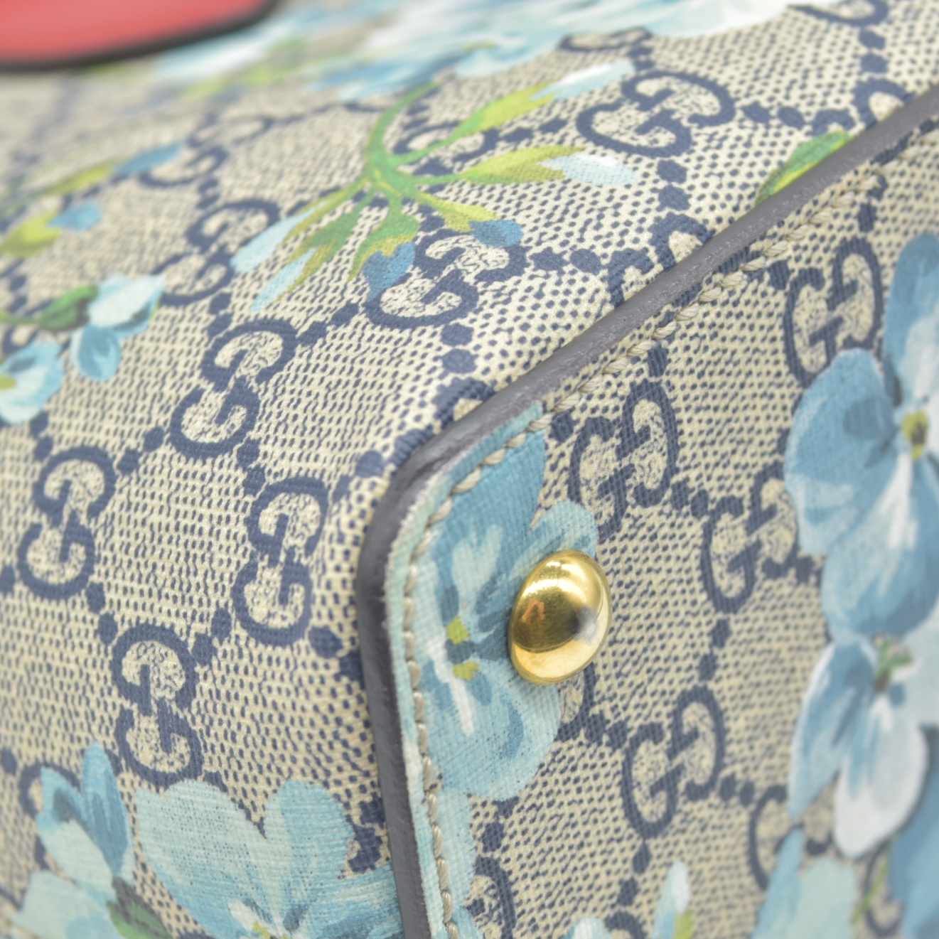GUCCI GG Supreme Monogram Blooms Medium Zip Top Tote Beige Blue Navy Hibiscus Red CONSIGNMENT