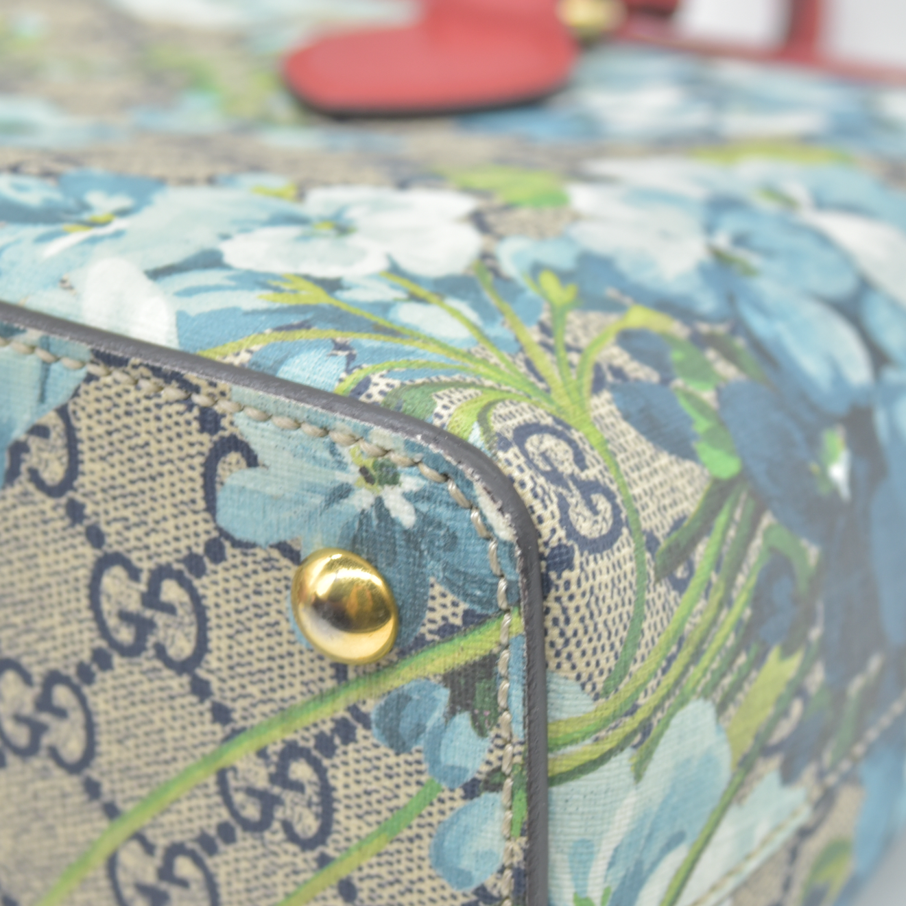 GUCCI GG Supreme Monogram Blooms Medium Zip Top Tote Beige Blue Navy Hibiscus Red CONSIGNMENT