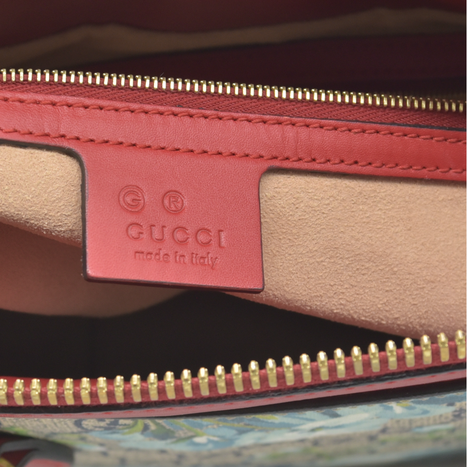 GUCCI GG Supreme Monogram Blooms Medium Zip Top Tote Beige Blue Navy Hibiscus Red CONSIGNMENT