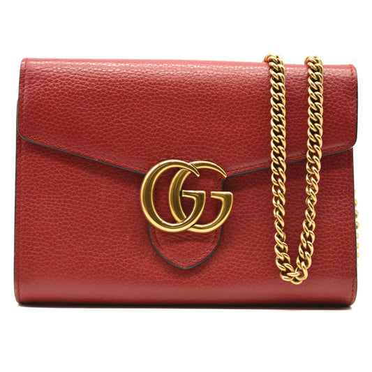 GUCCI Calfskin GG Marmont Chain Wallet Red