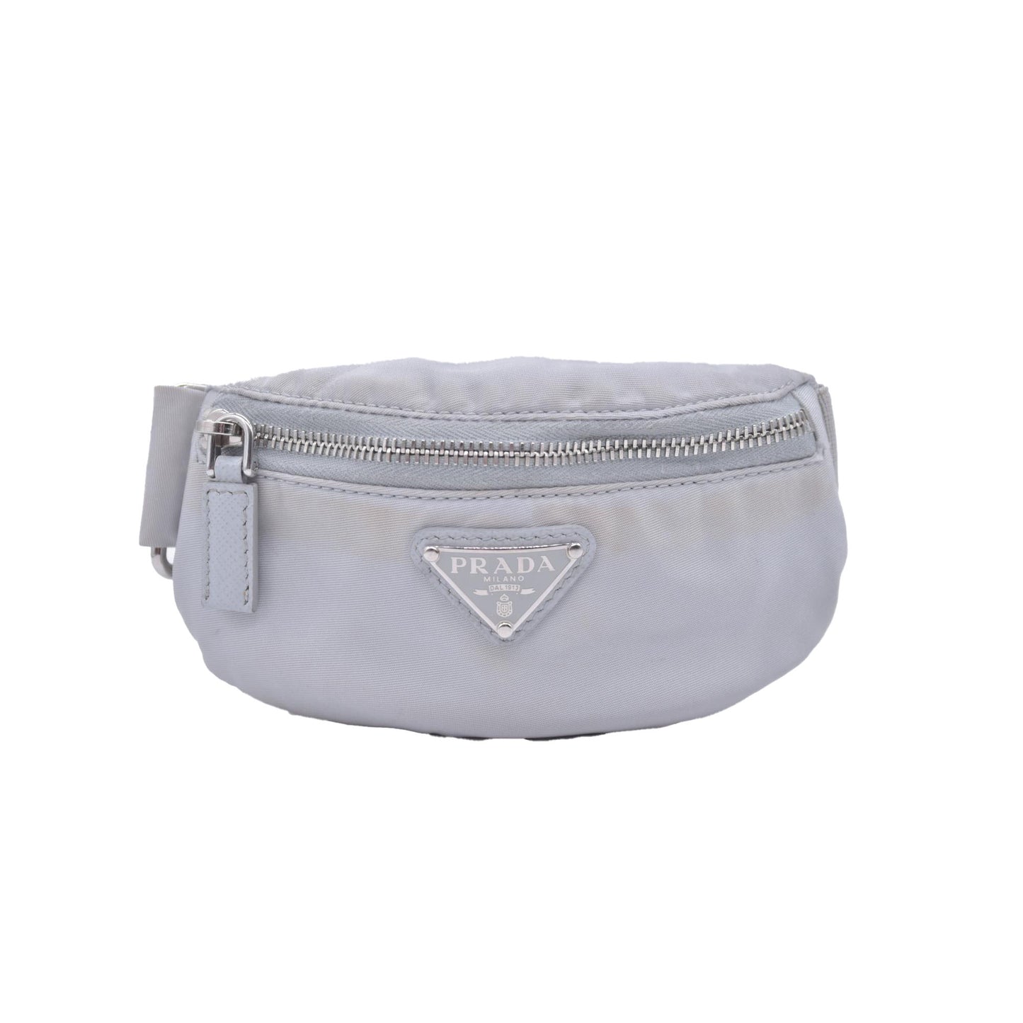 $925 Prada Triangle Plate Wrist Pouch Silver