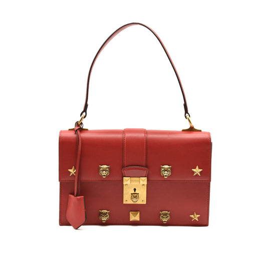 GUCCI Catlock Satchel Handbag Red Gold Leather