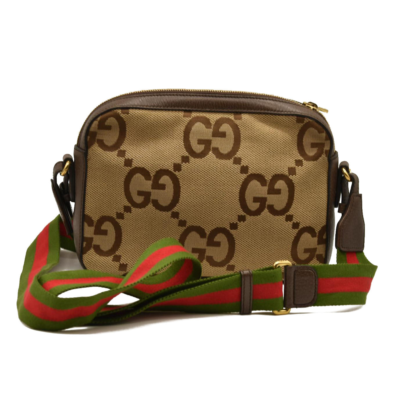 GUCCI Monogram Jumbo GG Textured Dollar Calfskin Web Messenger Shoulder Bag Camel Ebony New Acero