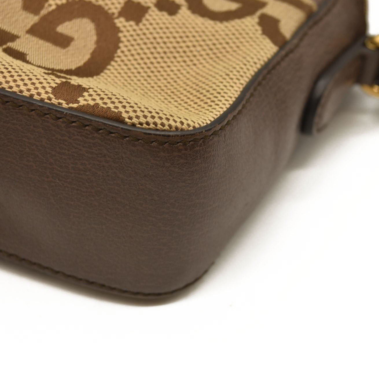 GUCCI Monogram Jumbo GG Textured Dollar Calfskin Web Messenger Shoulder Bag Camel Ebony New Acero