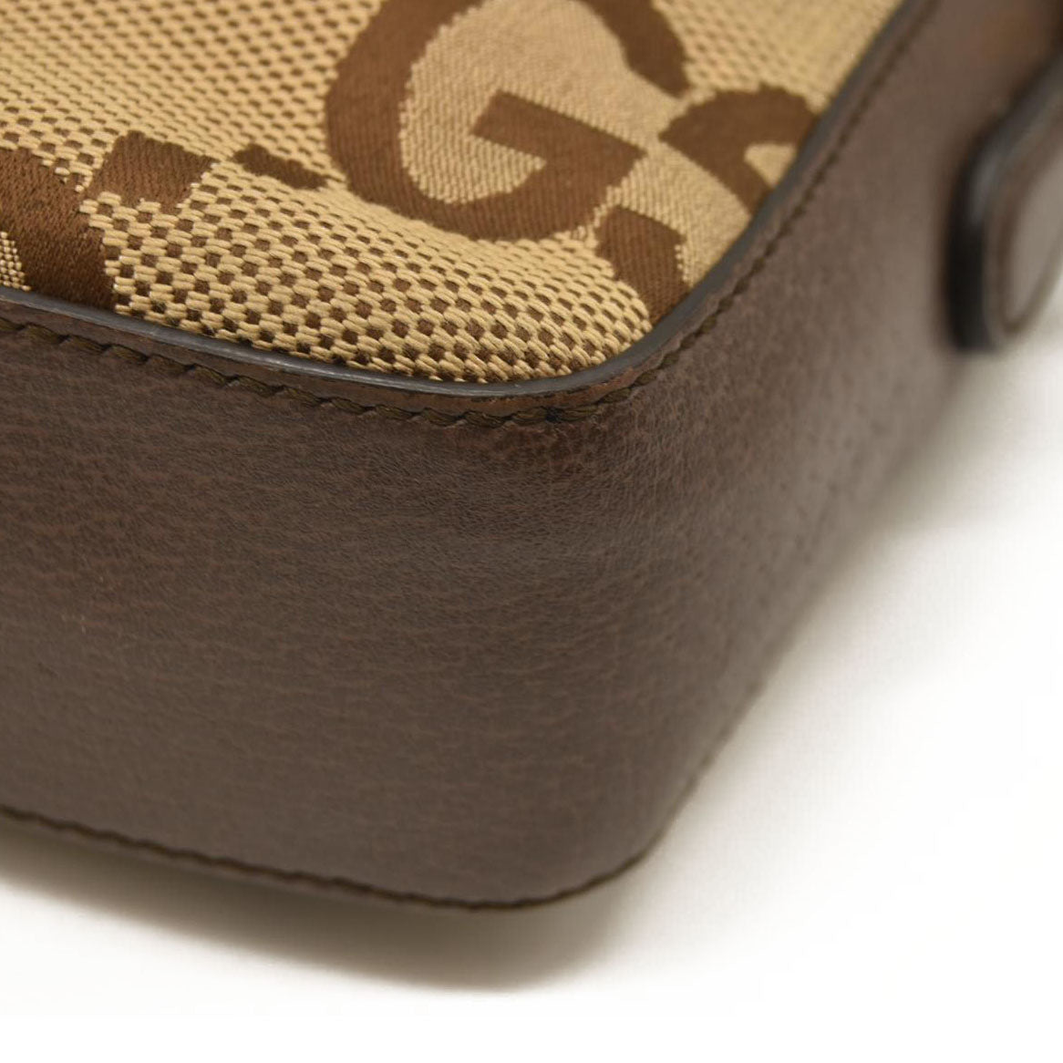 GUCCI Monogram Jumbo GG Textured Dollar Calfskin Web Messenger Shoulder Bag Camel Ebony New Acero