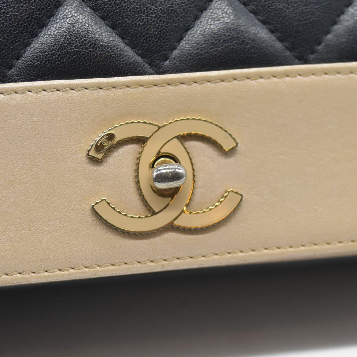 $4700 Chanel Mademoiselle Vintage Flap Bag Black Beige BiColor Turn Lock CC Chain Crossbody