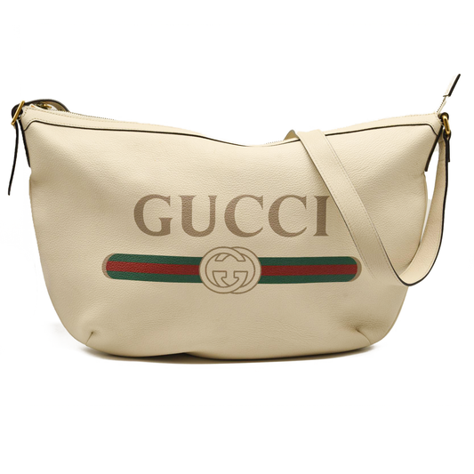 Gucci Grained Calfskin Logo Half Moon Hobo White