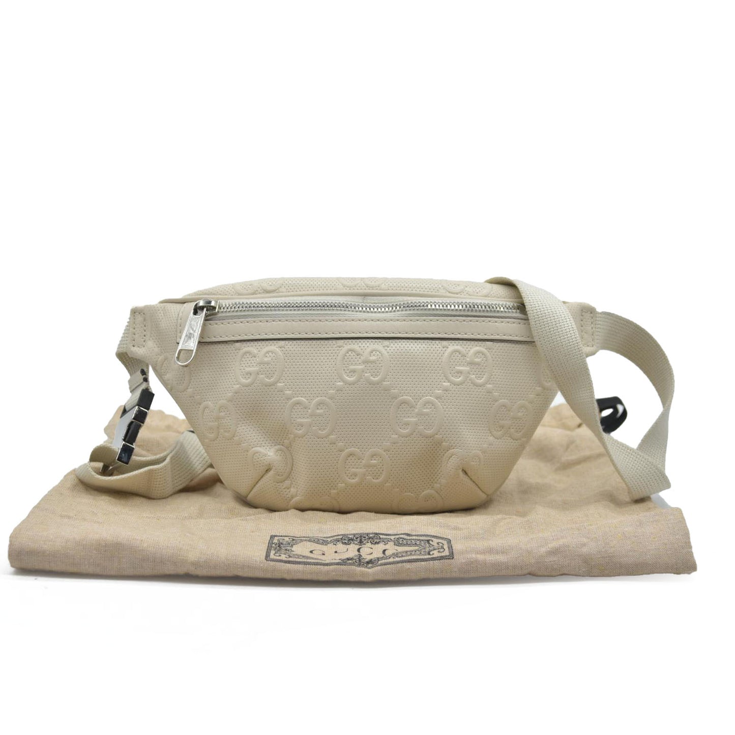$950 Gucci  Calfskin GG Tennis Embossed Belt Bag Mystic White