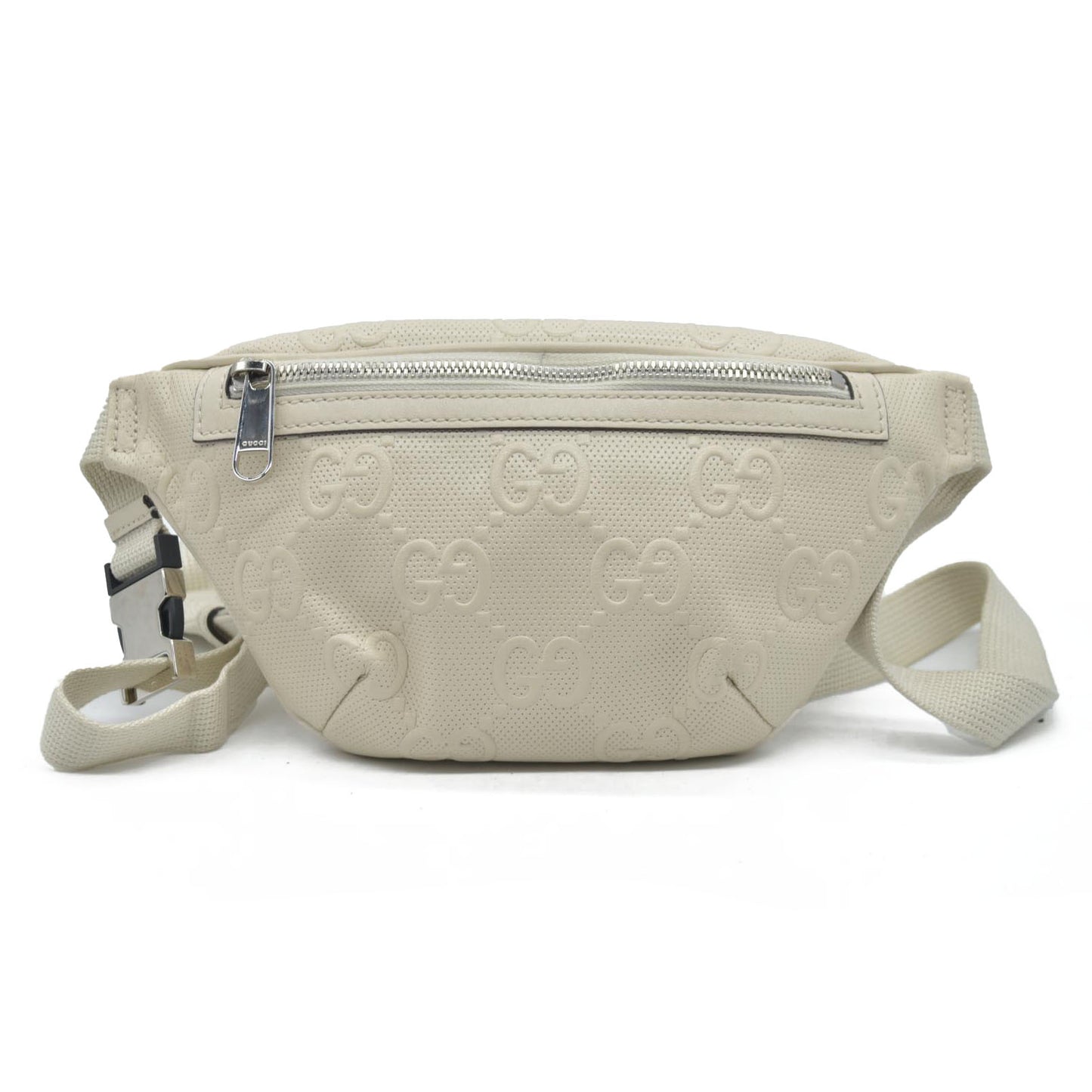 $950 Gucci  Calfskin GG Tennis Embossed Belt Bag Mystic White