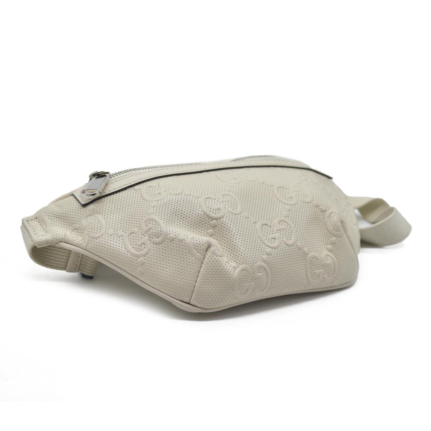 $950 Gucci  Calfskin GG Tennis Embossed Belt Bag Mystic White