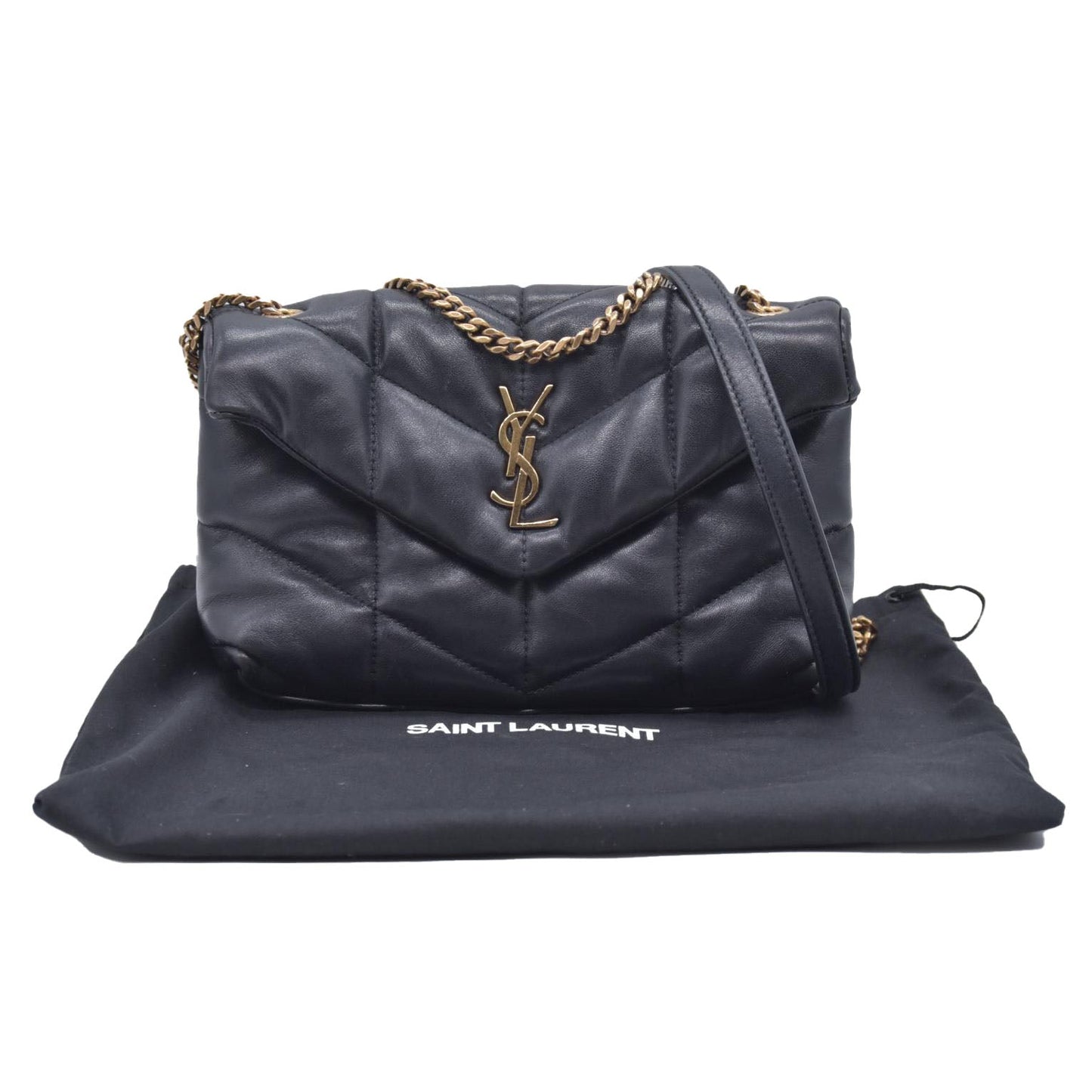 $2490 2022 Saint Laurent Lambskin Quilted Toy Loulou Puffer Monogram Chain Satchel Black