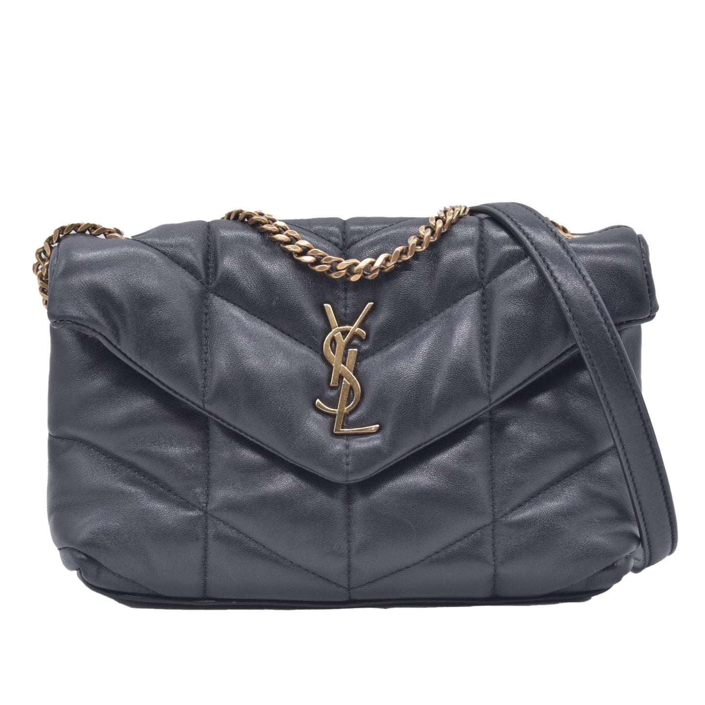 $2490 2022 Saint Laurent Lambskin Quilted Toy Loulou Puffer Monogram Chain Satchel Black