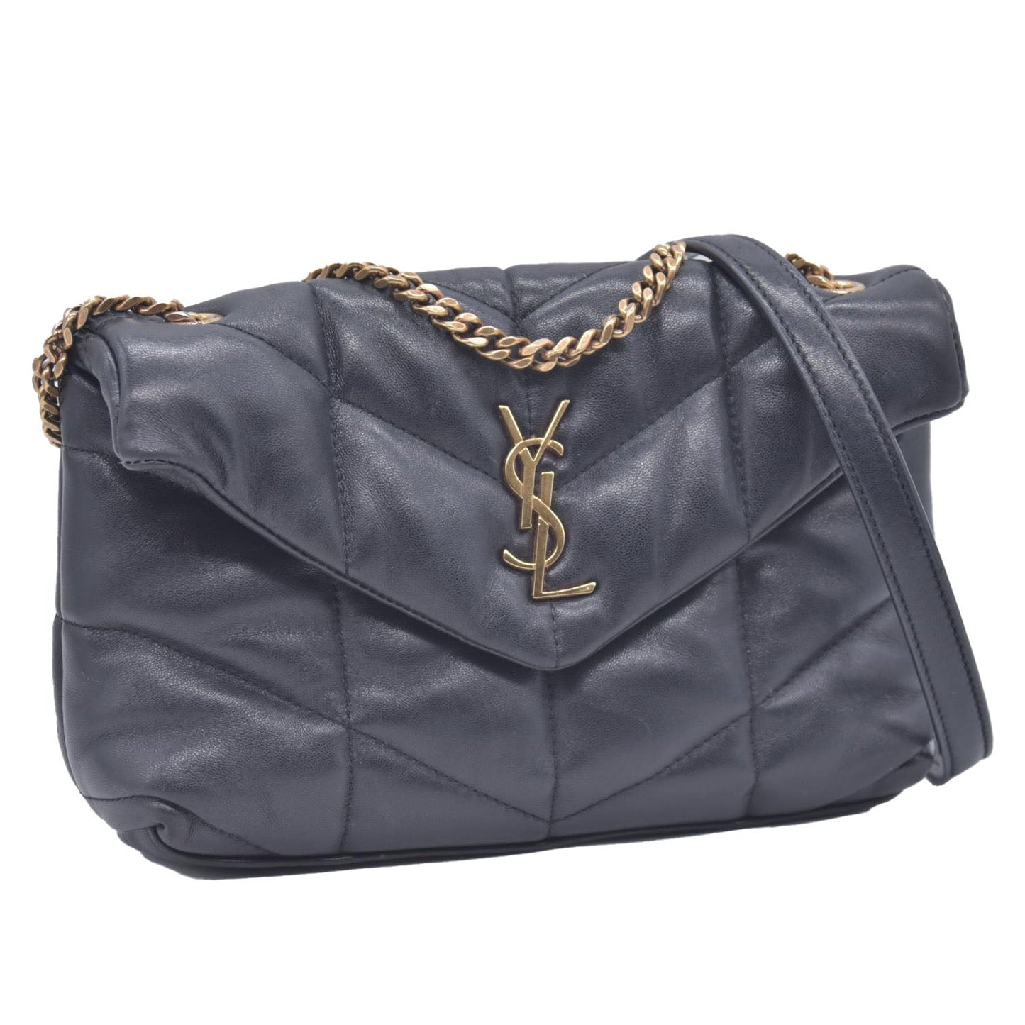 $2490 2022 Saint Laurent Lambskin Quilted Toy Loulou Puffer Monogram Chain Satchel Black