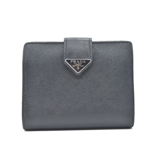 PRADA Logo Plate Saffiano Leather Bifold Wallet Purse Black
