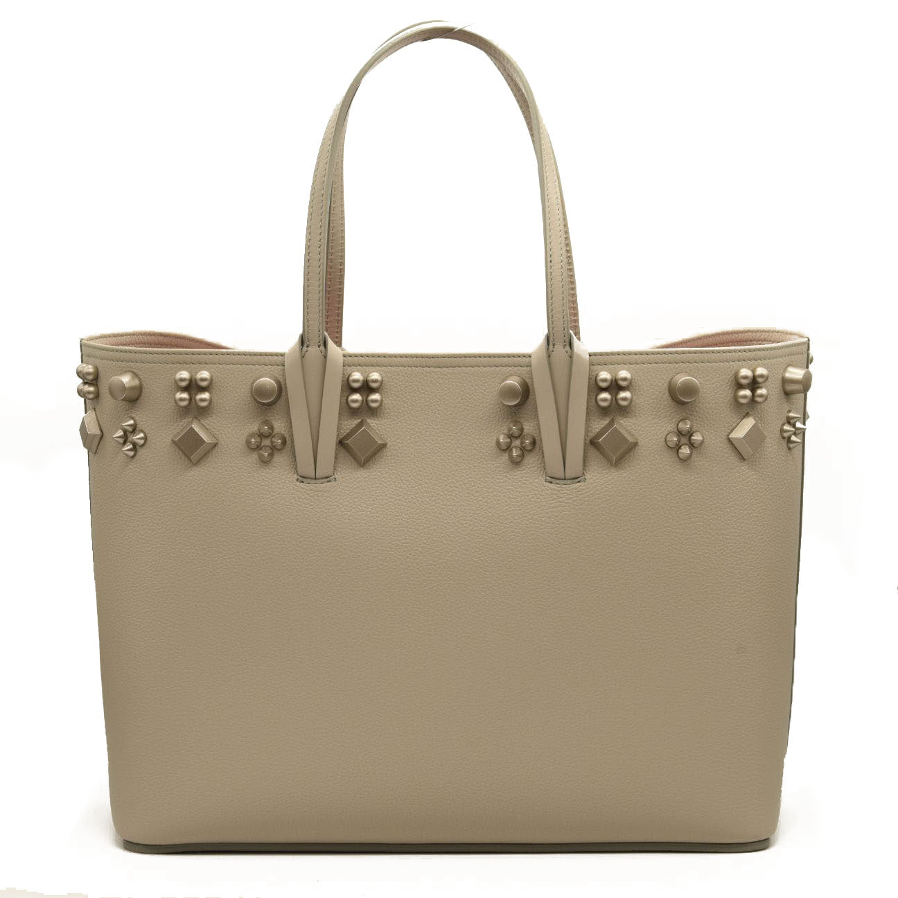 NEW CHRISTIAN LOUBOUTIN Calfskin Spikes Medium East West Cabata Tote Light Grey