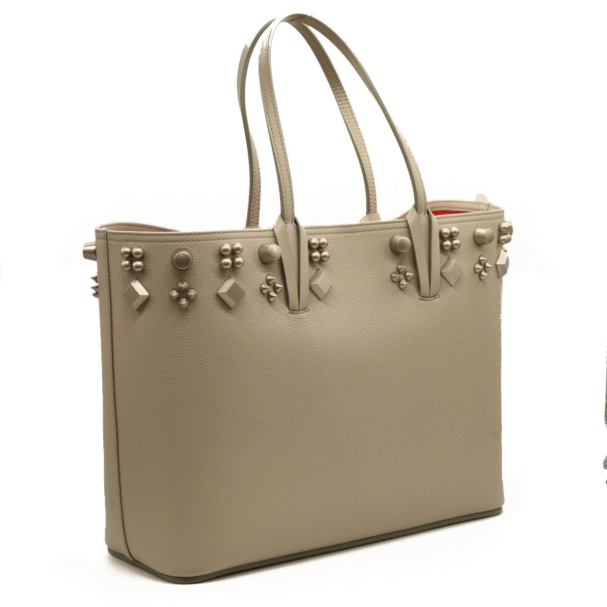 NEW CHRISTIAN LOUBOUTIN Calfskin Spikes Medium East West Cabata Tote Light Grey