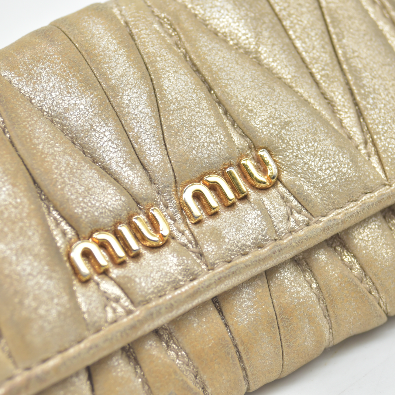 Miu Miu Matelassé Leather Card Holder Key Case Gold