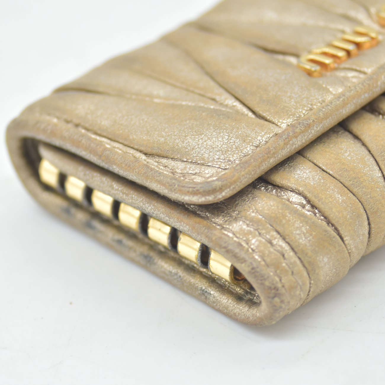 Miu Miu Matelassé Leather Card Holder Key Case Gold