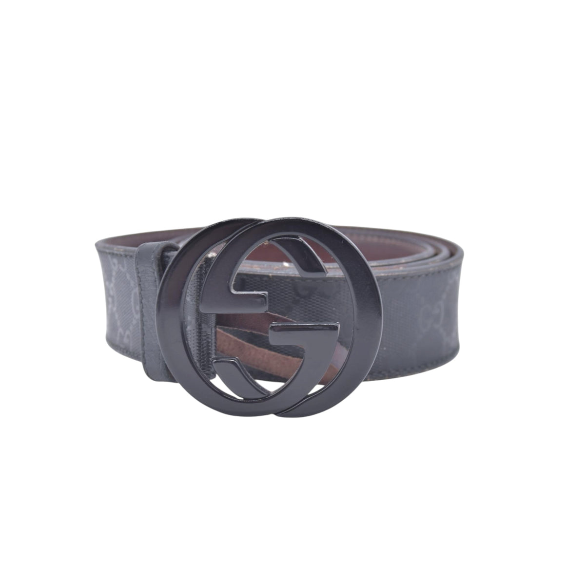 $490 GUCCI Imprime Monogram Interlocking G Buckle Belt Black Dark Grey CONSIGNMENT 10021426