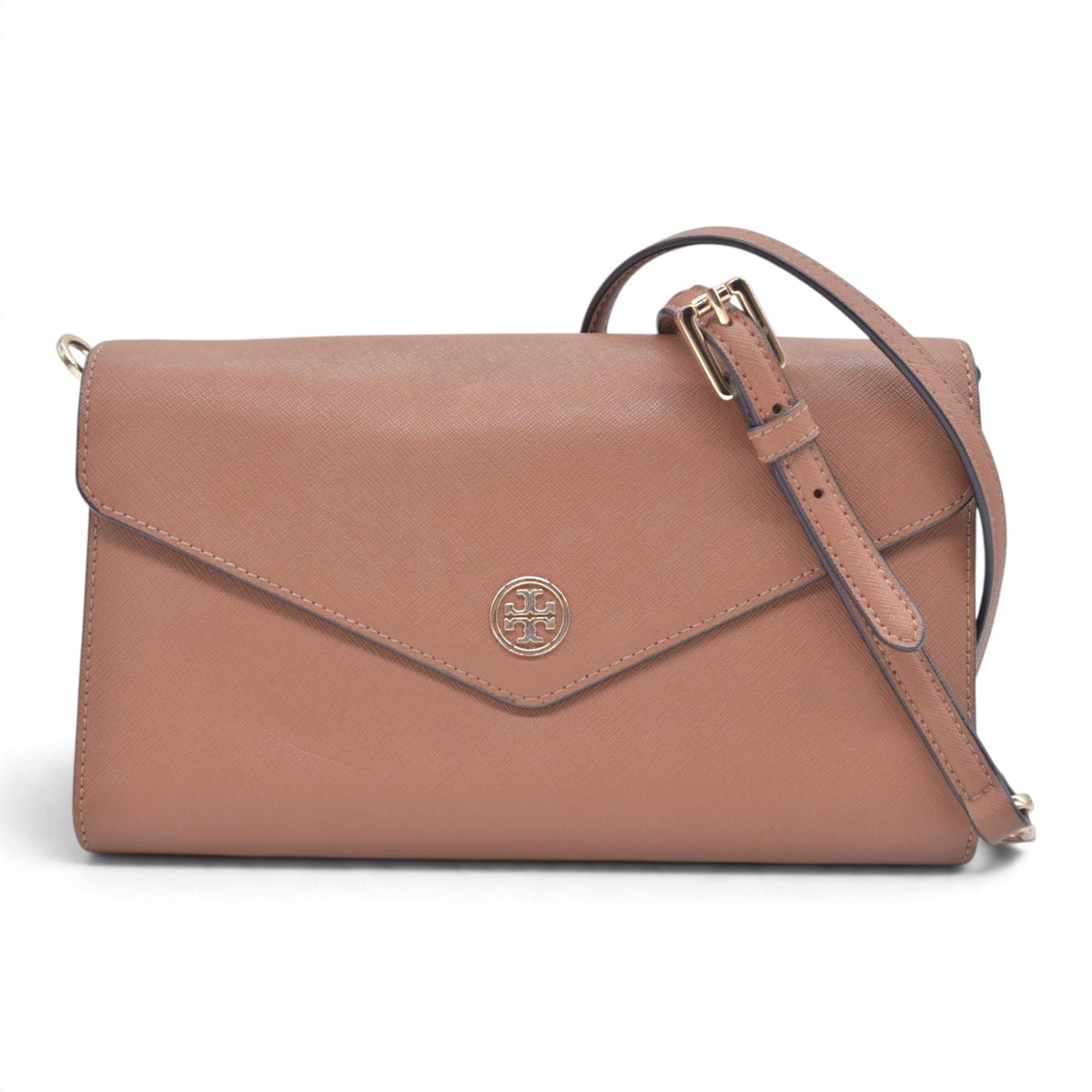 $298 TORY BURCH Envelope Saffiano Leather Crossbody Wallet on Chain Tan CONSIGNMENT 10021423