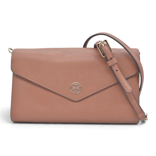 $298 TORY BURCH Envelope Saffiano Leather Crossbody Wallet on Chain Tan CONSIGNMENT 10021423