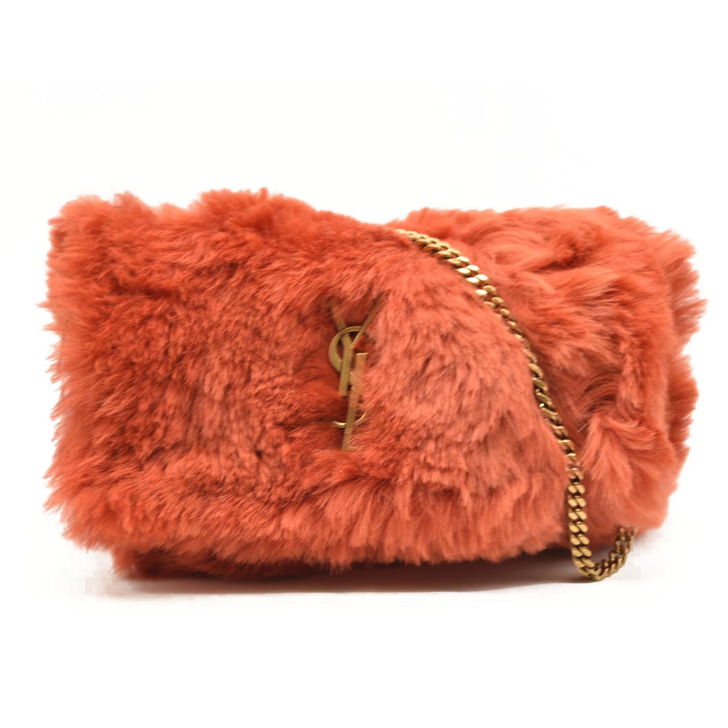 Saint Laurent  Suede Fur Small Reversible Monogram Kate Satchel Pavot Rouge