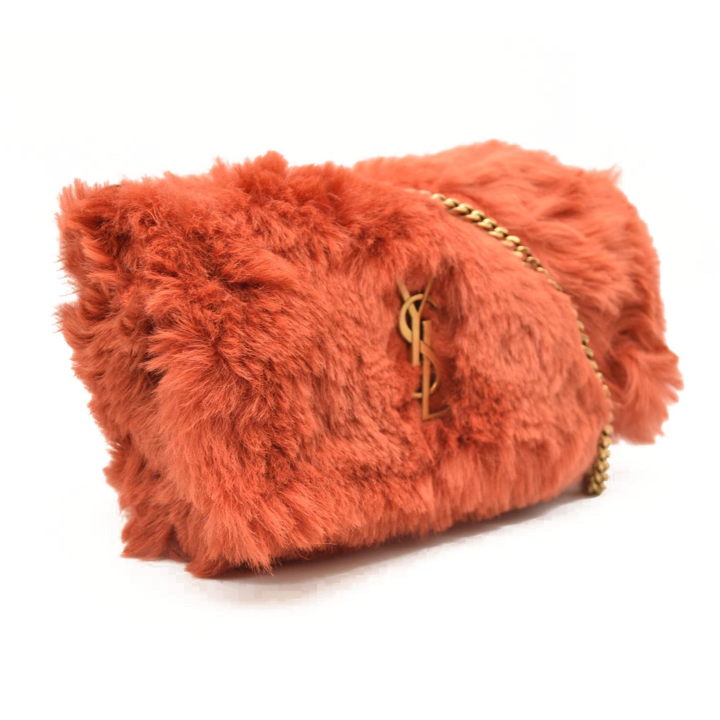 Saint Laurent  Suede Fur Small Reversible Monogram Kate Satchel Pavot Rouge