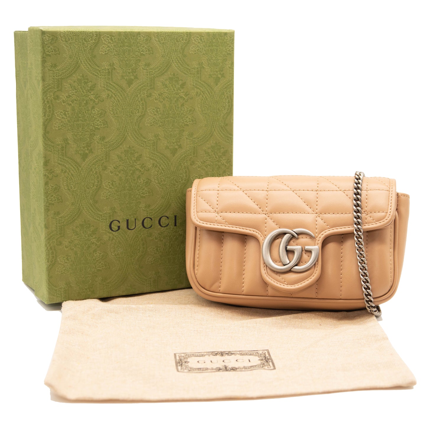 NEW GUCCI MARMONT  GG SUPER MINI ROSE BEIGE MATELASSE LEATHER SHOULDER BAG