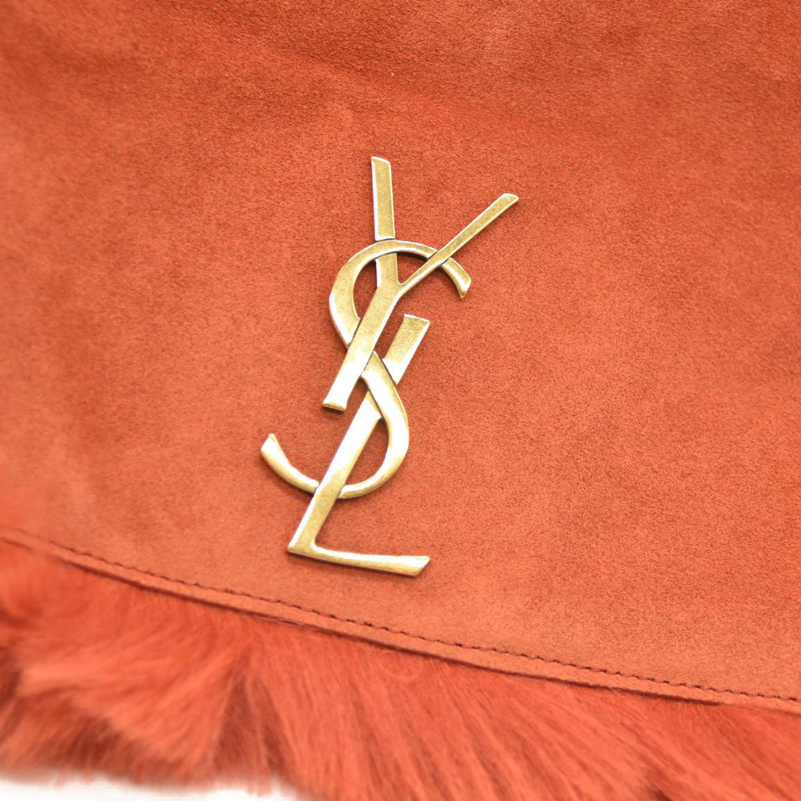 Saint Laurent  Suede Fur Small Reversible Monogram Kate Satchel Pavot Rouge