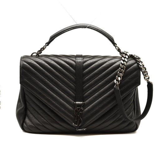 SAINT LAURENT Sheepskin Matelasse Chevron Monogram Large College Satchel Black