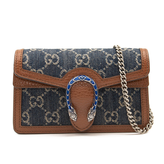 New Gucci Denim GG Monogram Super Mini Dionysus Shoulder Bag Blue Tea Cuir