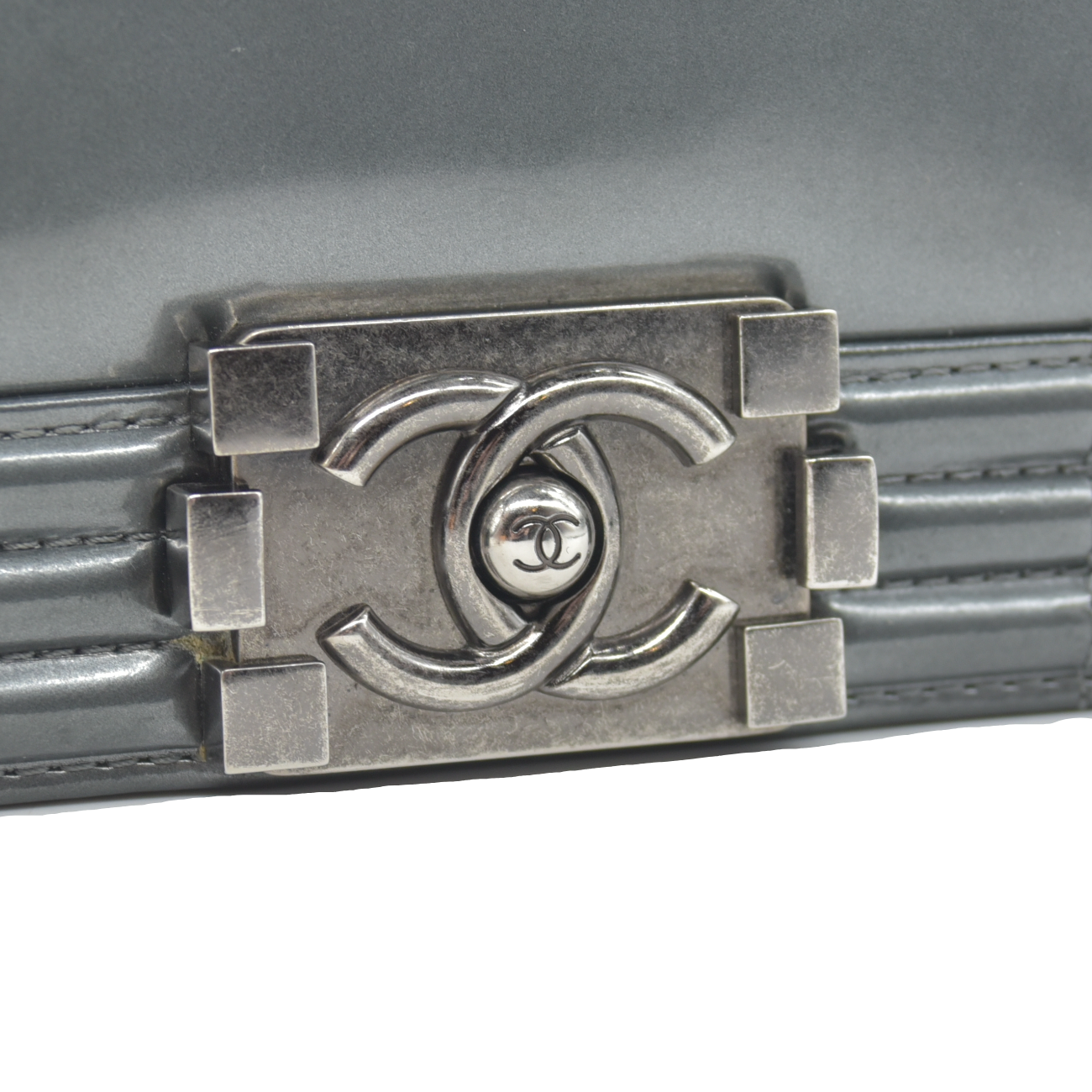 $4700 2012 Chanel Medium Boy Electric Silver Patent Leather Logo CC Flap