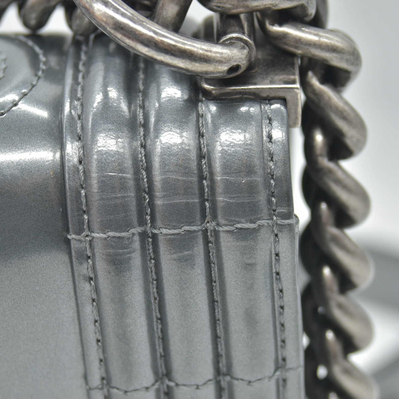 $4700 2012 Chanel Medium Boy Electric Silver Patent Leather Logo CC Flap