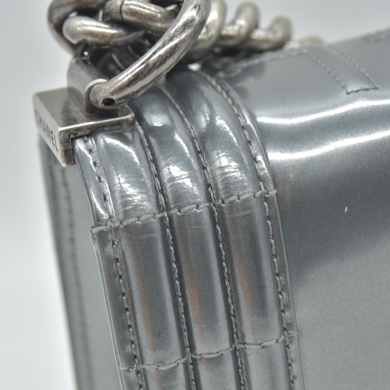 $4700 2012 Chanel Medium Boy Electric Silver Patent Leather Logo CC Flap