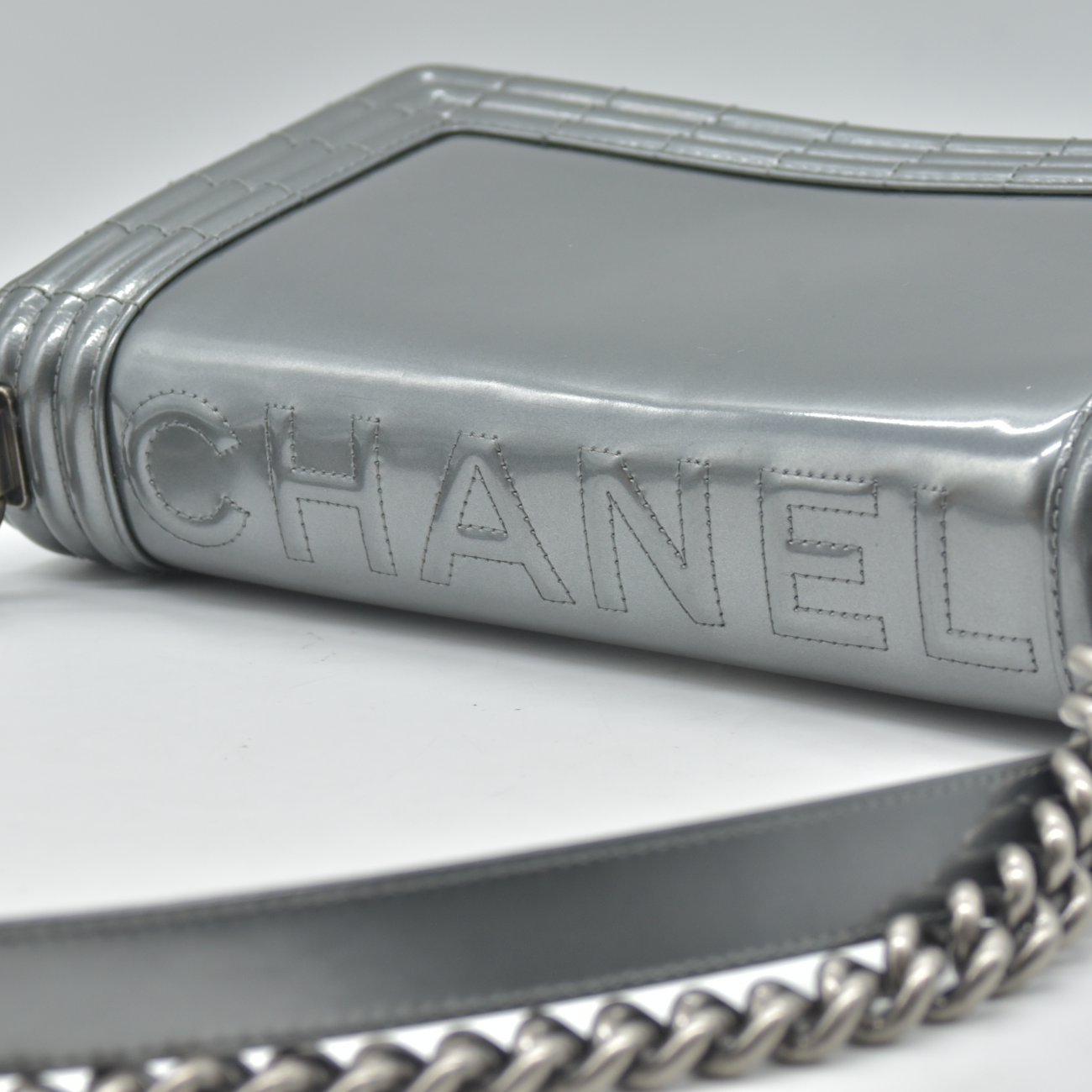 $4700 2012 Chanel Medium Boy Electric Silver Patent Leather Logo CC Flap