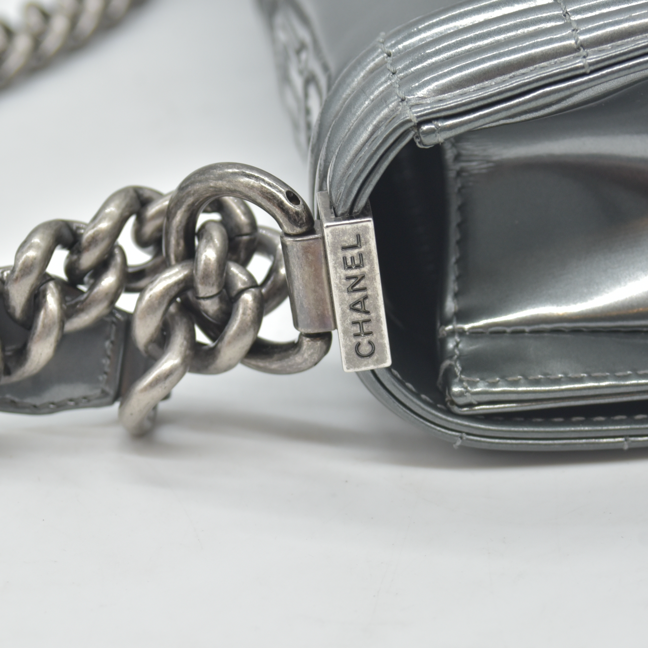 $4700 2012 Chanel Medium Boy Electric Silver Patent Leather Logo CC Flap