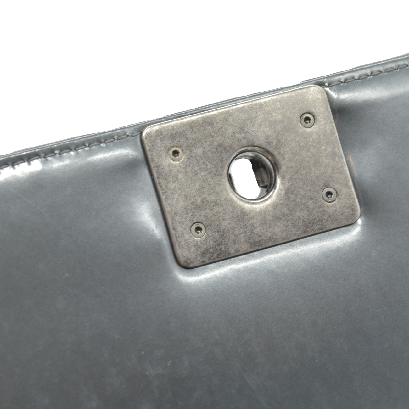 $4700 2012 Chanel Medium Boy Electric Silver Patent Leather Logo CC Flap