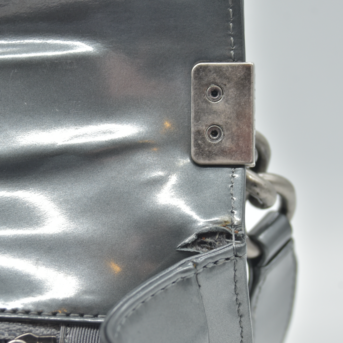 $4700 2012 Chanel Medium Boy Electric Silver Patent Leather Logo CC Flap