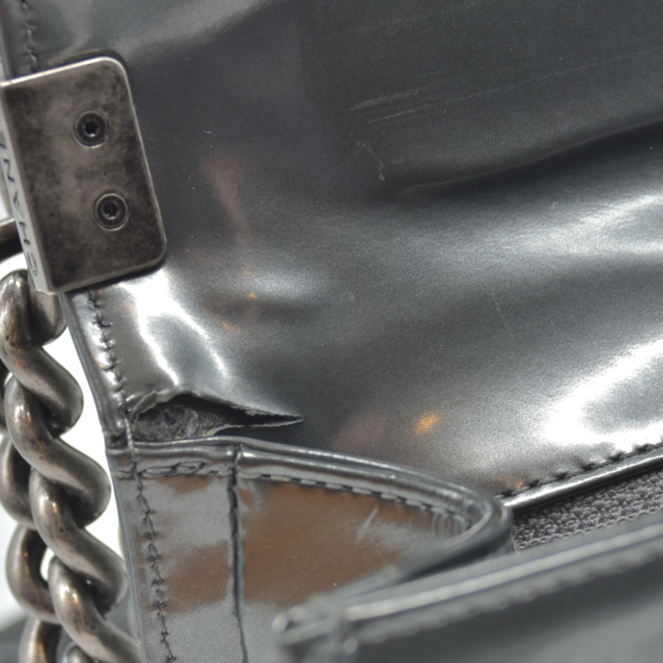 $4700 2012 Chanel Medium Boy Electric Silver Patent Leather Logo CC Flap