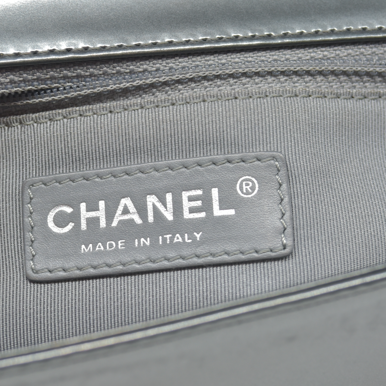 $4700 2012 Chanel Medium Boy Electric Silver Patent Leather Logo CC Flap