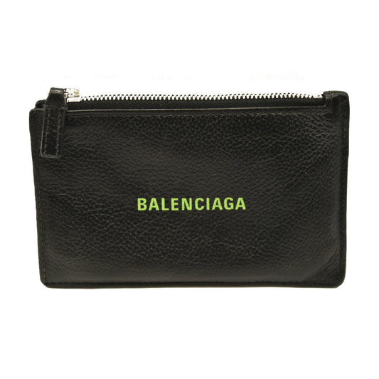 Balenciaga  Signature Grained Calfskin Logo Cash Long Coin Card Holder Black Green